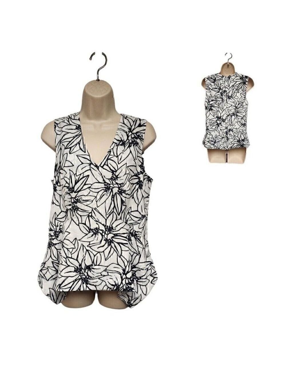 Ellen Tracy V-Neck Asymmetric Hem Multicolor White & Black Blouse Size Medium